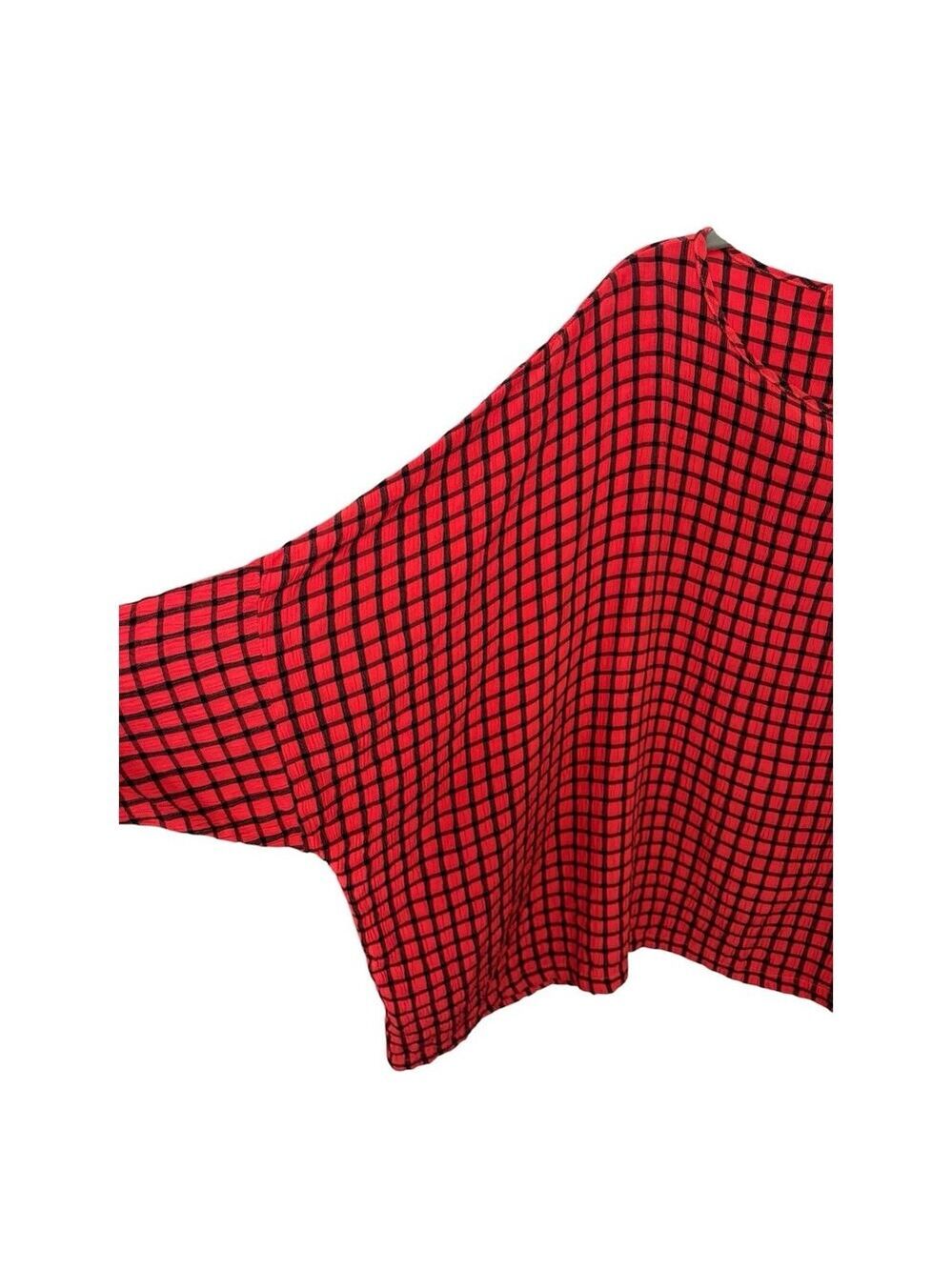 Cut Loose Red Black Check Print Top Lagenlook Cropped Boxy Viscose Blend OS USA - Picture 4 of 8